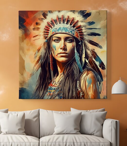 Obraz na plátně - Indiánská žena modré pírko FeelHappy.cz Velikost obrazu: 80 x 80 cm