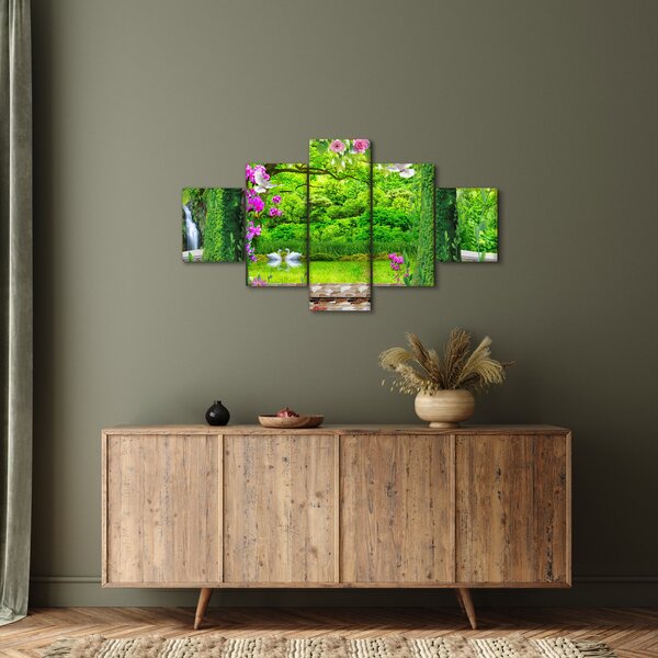 Obraz - Kouzelná zahrada s labutěmi (125x70 cm)