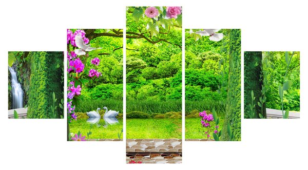 Obraz - Kouzelná zahrada s labutěmi (125x70 cm)