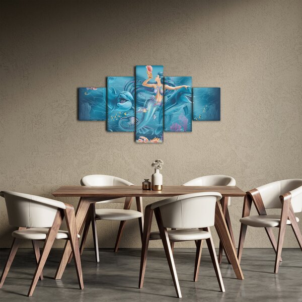 Obraz - Mořská víla s delfíny (125x70 cm)