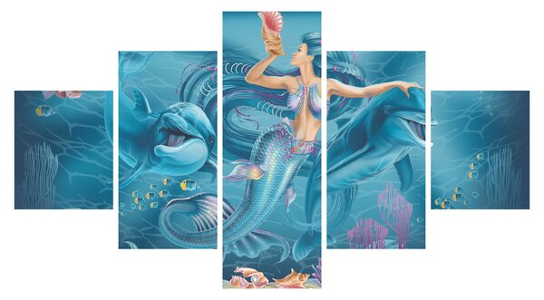 Obraz - Mořská víla s delfíny (125x70 cm)