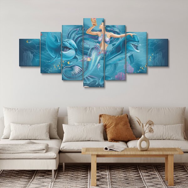 Obraz - Mořská víla s delfíny (210x100 cm)
