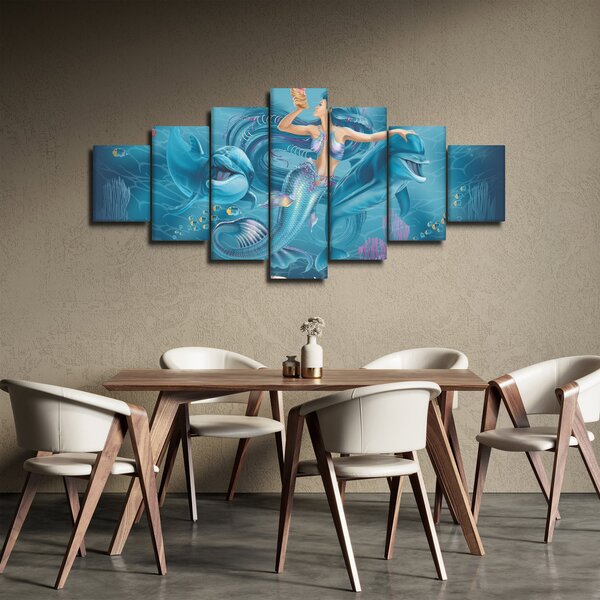 Obraz - Mořská víla s delfíny (210x100 cm)