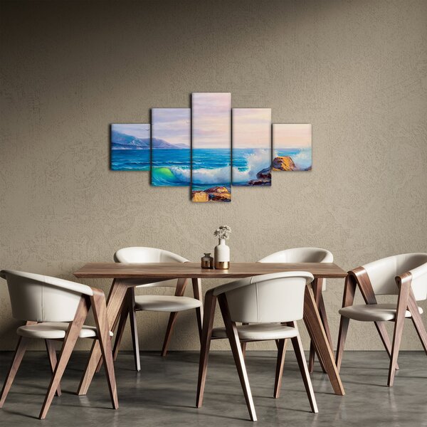 Obraz vln narážejících na útesy, olejomalba (125x70 cm)