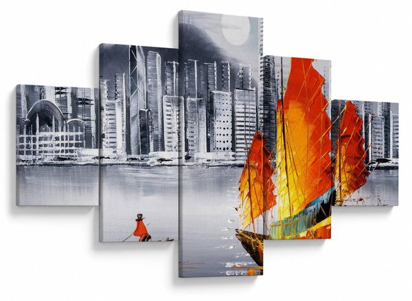 Obraz - Victoria Harbor, Hong Kong, černobílá olejomalba (125x70 cm)