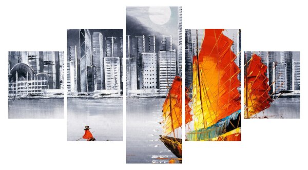 Obraz - Victoria Harbor, Hong Kong, černobílá olejomalba (125x70 cm)