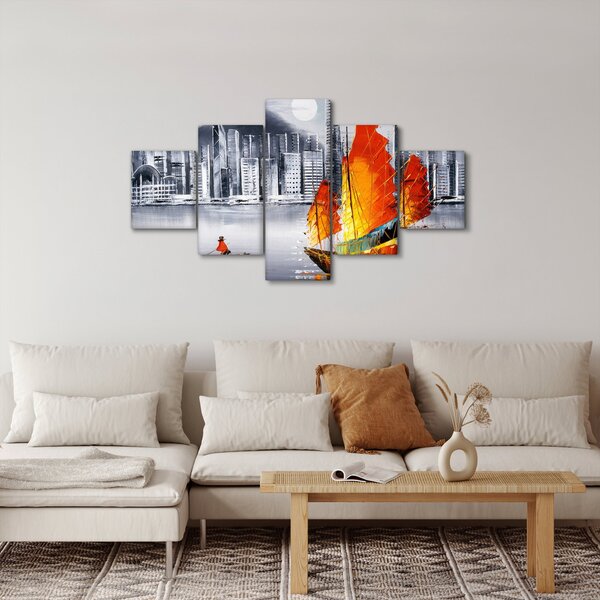 Obraz - Victoria Harbor, Hong Kong, černobílá olejomalba (125x70 cm)