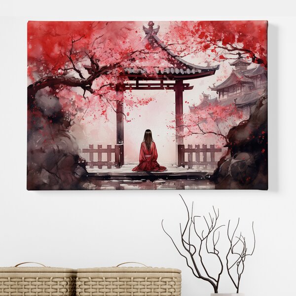 Obraz na plátně - Meditace, žena v bráně Torii FeelHappy.cz Rozměr (Šířka/Výška): 90 x 60 cm