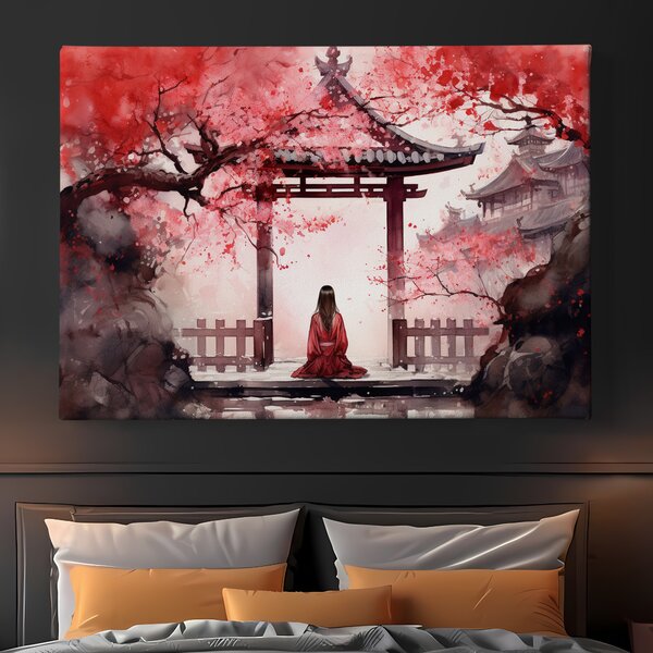 Obraz na plátně - Meditace, žena v bráně Torii FeelHappy.cz Rozměr (Šířka/Výška): 90 x 60 cm