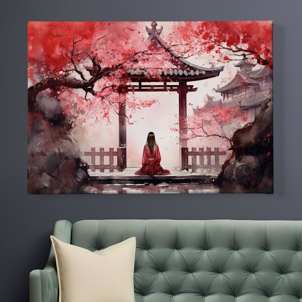 Obraz na plátně - Meditace, žena v bráně Torii FeelHappy.cz Rozměr (Šířka/Výška): 90 x 60 cm