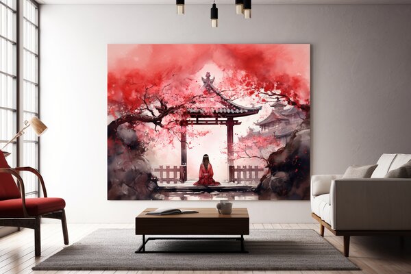 Obraz na plátně - Meditace, žena v bráně Torii FeelHappy.cz Rozměr (Šířka/Výška): 90 x 60 cm