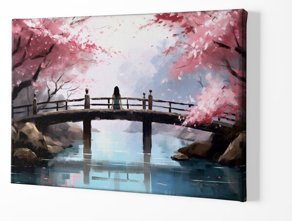 Obraz na plátně - Meditace, žena na mostě mezi Sakurami FeelHappy.cz Velikost obrazu: 210 x 140 cm