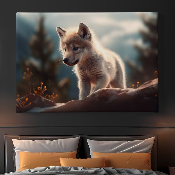 Obraz na plátně - Malý vlček na skále objevuje svět FeelHappy.cz Rozměr obrazu (Šířka x Výška): 40 x 30 cm