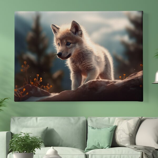 Obraz na plátně - Malý vlček na skále objevuje svět FeelHappy.cz Rozměr obrazu (Šířka x Výška): 40 x 30 cm