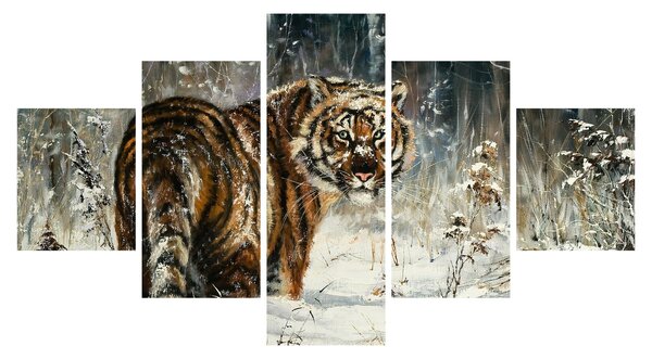 Obraz - Tygr v zasněženém lese, olejomalba (125x70 cm)