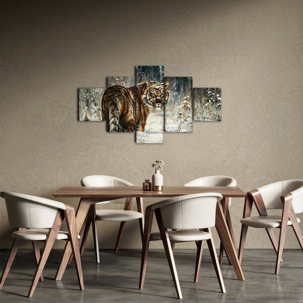 Obraz - Tygr v zasněženém lese, olejomalba (125x70 cm)