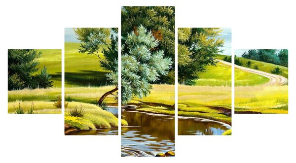 Obraz - Řeka mezi loukami, olejomalba (125x70 cm)