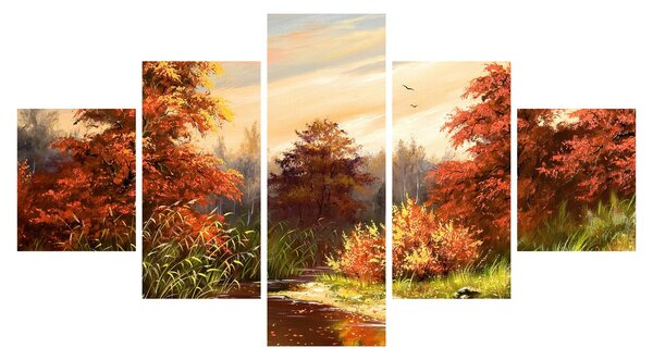 Obraz řeky v podzimní krajině, olejomalba (125x70 cm)