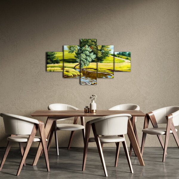 Obraz - Řeka mezi loukami, olejomalba (125x70 cm)