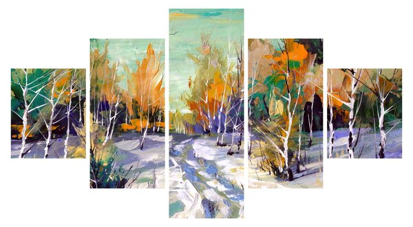 Obraz - Zasněžená cesta lesem, olejomalba (125x70 cm)
