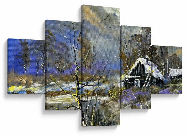 Obraz chaloupky v zimní krajině, olejomalba (125x70 cm)
