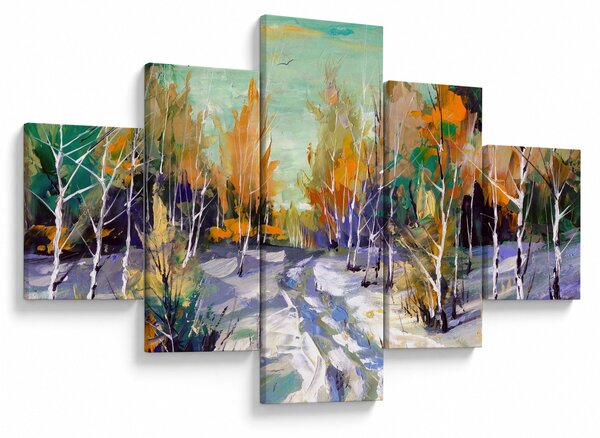 Obraz - Zasněžená cesta lesem, olejomalba (125x70 cm)