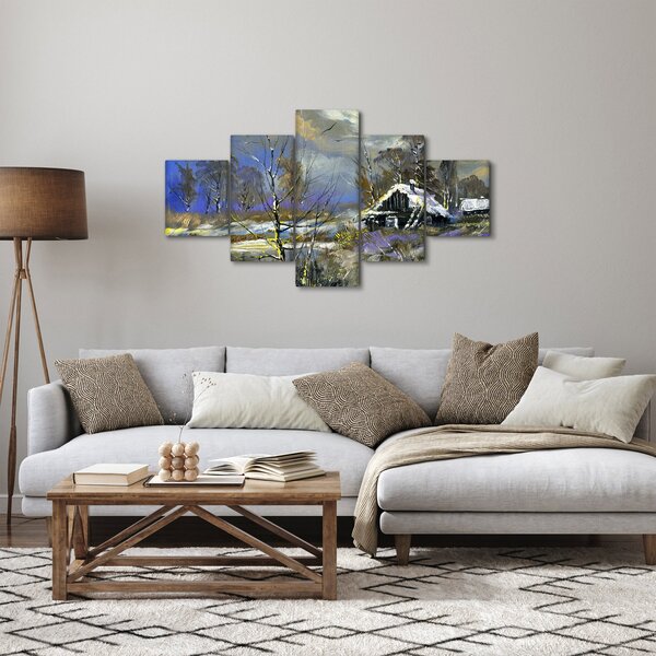 Obraz chaloupky v zimní krajině, olejomalba (125x70 cm)