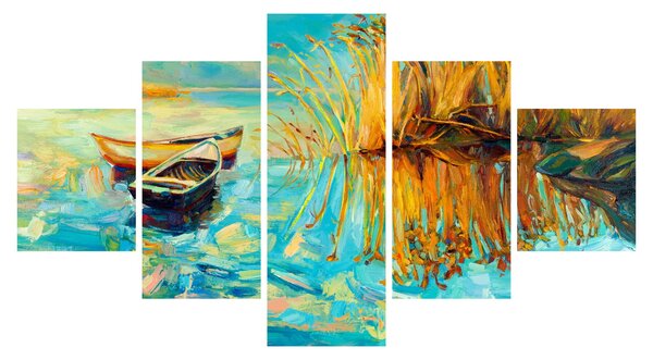 Obraz - Jezero s loďkami (125x70 cm)