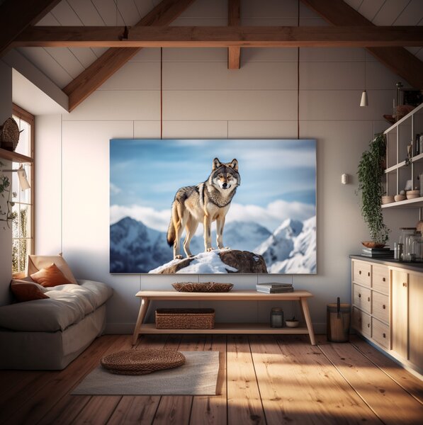 Obraz na plátně - Vlk hlídkuje na skále za krásného horského dne FeelHappy.cz Rozměr obrazu (Šířka x Výška): 40 x 30 cm