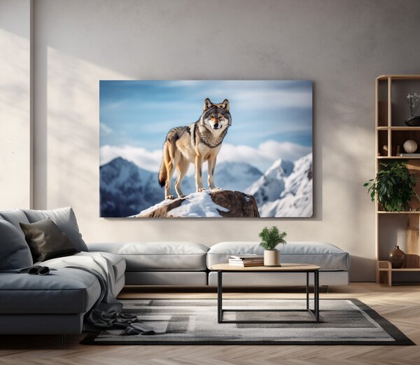 Obraz na plátně - Vlk hlídkuje na skále za krásného horského dne FeelHappy.cz Rozměr obrazu (Šířka x Výška): 40 x 30 cm