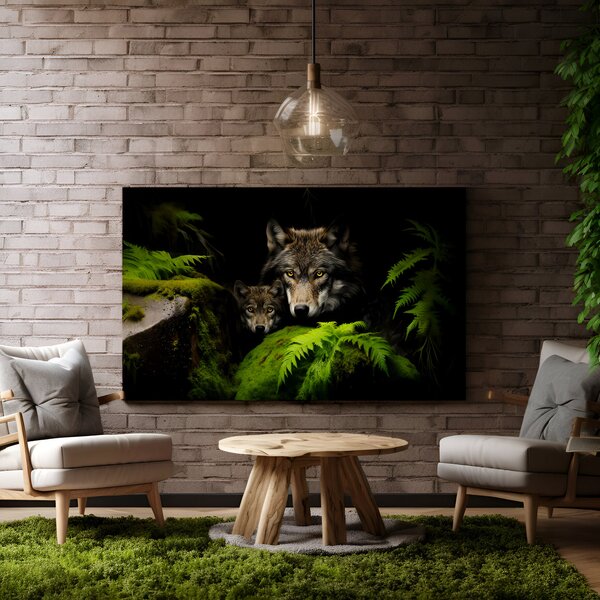 Obraz na plátně - Vlk s mládětem se skrývá mezi kameny FeelHappy.cz Rozměr obrazu (Šířka x Výška): 40 x 30 cm