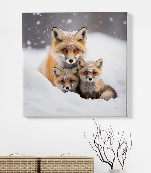 Obraz na plátně - Skryti ve sněhu, liška s liščaty FeelHappy.cz Rozměr obrazu (Šířka x Výška): 40 x 40 cm
