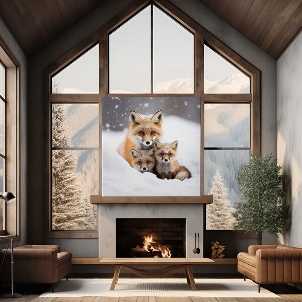 Obraz na plátně - Skryti ve sněhu, liška s liščaty FeelHappy.cz Rozměr obrazu (Šířka x Výška): 40 x 40 cm