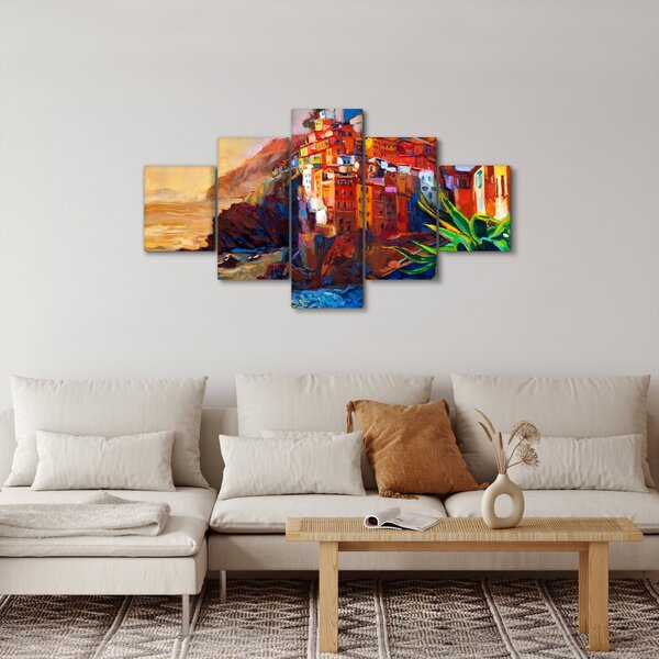 Obraz - Vesnice na pobřeží Cinque Terre, Italská riviéra, moderní impresionismus (125x70 cm)