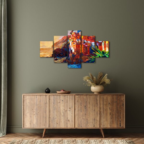Obraz - Vesnice na pobřeží Cinque Terre, Italská riviéra, moderní impresionismus (125x70 cm)