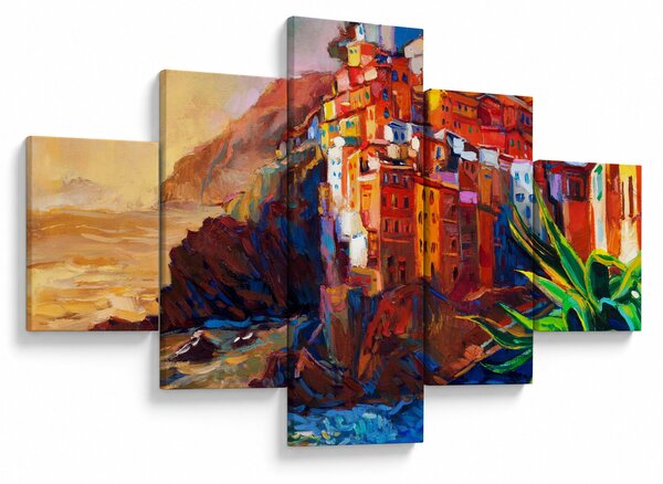 Obraz - Vesnice na pobřeží Cinque Terre, Italská riviéra, moderní impresionismus (125x70 cm)