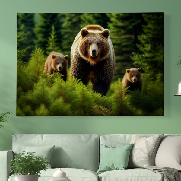Obraz na plátně - Medvěd Grizzly s rodinou v jehličnatém lese FeelHappy.cz Rozměr obrazu (Šířka x Výška): 40 x 30 cm
