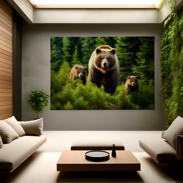 Obraz na plátně - Medvěd Grizzly s rodinou v jehličnatém lese FeelHappy.cz Rozměr obrazu (Šířka x Výška): 40 x 30 cm