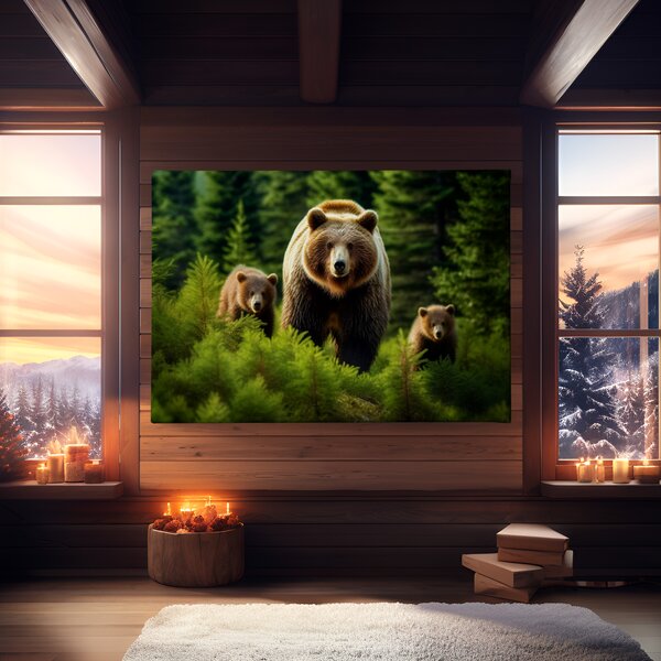 Obraz na plátně - Medvěd Grizzly s rodinou v jehličnatém lese FeelHappy.cz Rozměr obrazu (Šířka x Výška): 40 x 30 cm