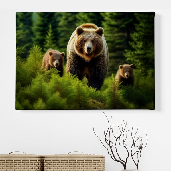 Obraz na plátně - Medvěd Grizzly s rodinou v jehličnatém lese FeelHappy.cz Rozměr obrazu (Šířka x Výška): 40 x 30 cm