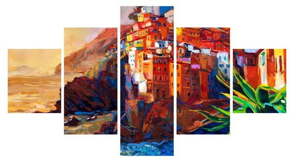 Obraz - Vesnice na pobřeží Cinque Terre, Italská riviéra, moderní impresionismus (125x70 cm)