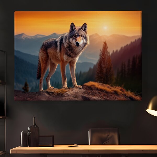 Obraz na plátně - Vlk chytá poslední paprsky slunce FeelHappy.cz Rozměr obrazu (Šířka x Výška): 40 x 30 cm