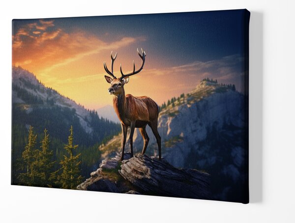 Obraz na plátně - Jelen na skále s magickým západem slunce FeelHappy.cz Velikost obrazu: 40 x 30 cm