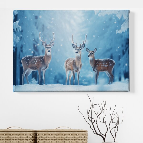 Obraz na plátně - Mladí jelínci s laní v zimní krajině FeelHappy.cz Rozměr obrazu (Šířka x Výška): 40 x 30 cm