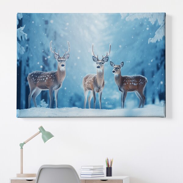 Obraz na plátně - Mladí jelínci s laní v zimní krajině FeelHappy.cz Rozměr obrazu (Šířka x Výška): 40 x 30 cm