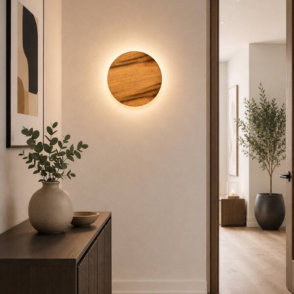 Elobra LED nástěnné světlo Havana M, dub s suky/kov, Ø 34 cm, IP44, Tmavé dřevo, Koupelna, Dřevo