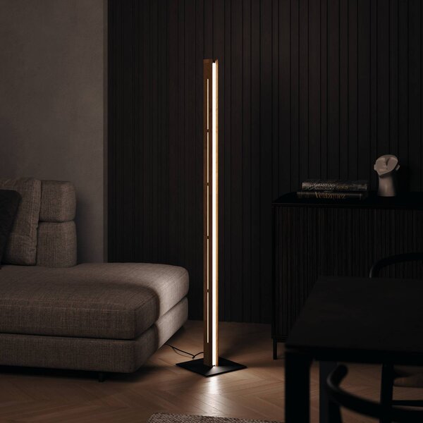 Elobra LED stojací lampa Mexico, dub/černá, výška 150 cm, dřevo/kov, stmívatelný, Světlé dřevo, Obývací pokoj / jídelna, Dřevo