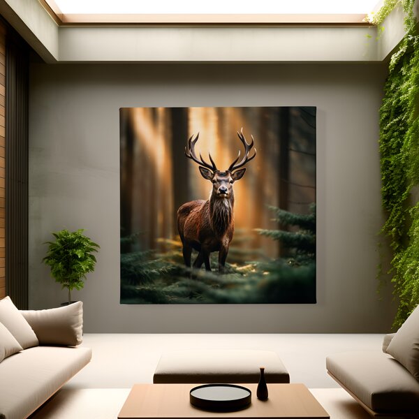 Obraz na plátně - Jelen hrdě stojí v jehličnatém lese FeelHappy.cz Rozměr obrazu (Šířka x Výška): 40 x 40 cm