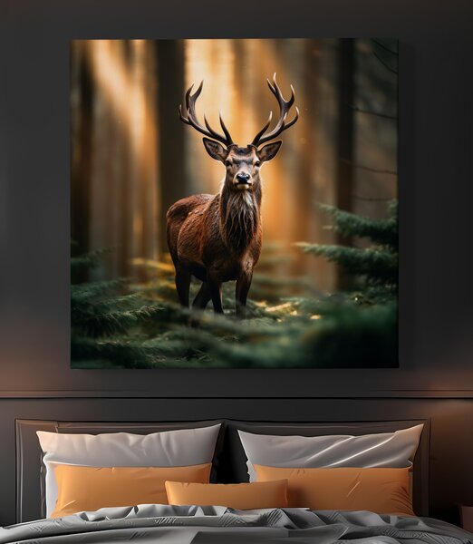 Obraz na plátně - Jelen hrdě stojí v jehličnatém lese FeelHappy.cz Rozměr obrazu (Šířka x Výška): 40 x 40 cm