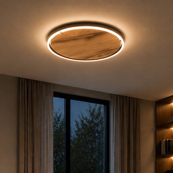 Elobra LED stropní svítidlo Havana M, dub s suky/kov, Ø 57 cm, stmívatelný, Tmavé dřevo, Obývací pokoj / jídelna, Dřevo
